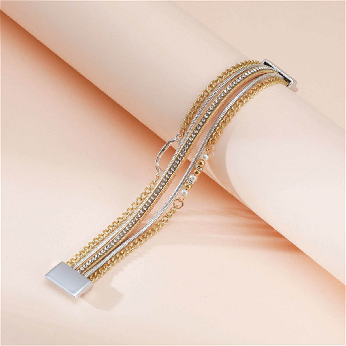 Cubic Zirconia and Polystyrene Pearl Two-Tone Strand Bracelet, bracelet for women, botanical inspired, detail close-up