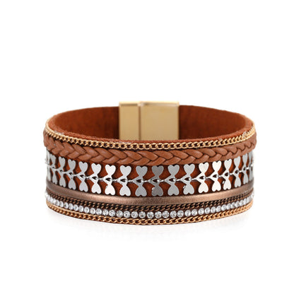 Cubic Zirconia and Brown Polystyrene Two-Tone Curb-Chain Heart Bangle, bracelet for women, front view
