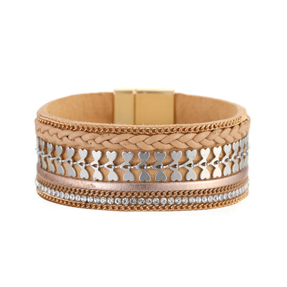 Cubic Zirconia and Coffee Polystyrene Two-Tone Curb-Chain Heart Bangle, bracelet for women, everyday style, front view