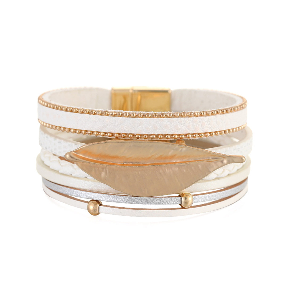 White Polystyrene & 18K Gold-Plated Bead Line Leaf-Charm Layered Bangle