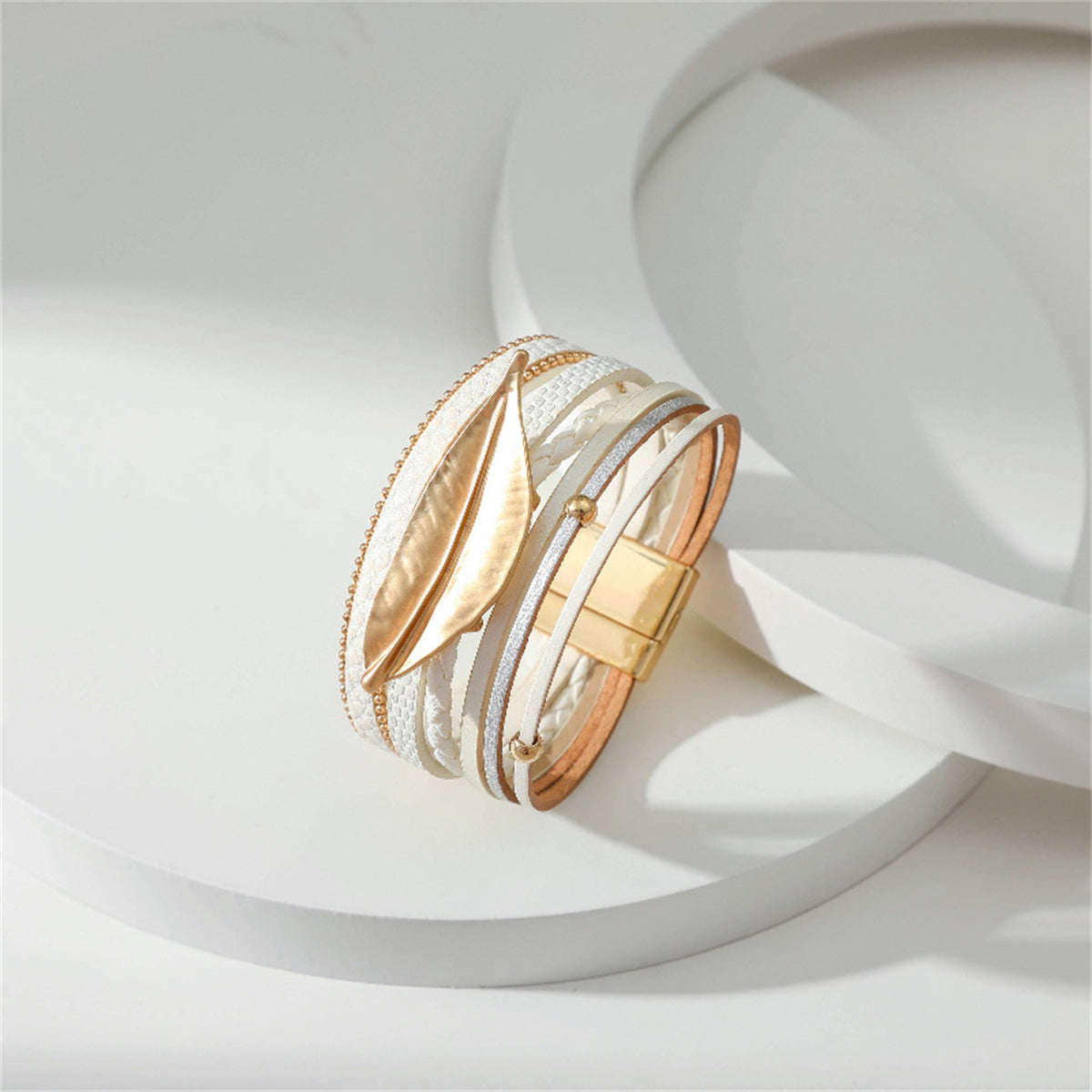 White Polystyrene & 18K Gold-Plated Bead Line Leaf-Charm Layered Bangle