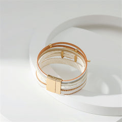 White Polystyrene & 18K Gold-Plated Bead Line Leaf-Charm Layered Bangle