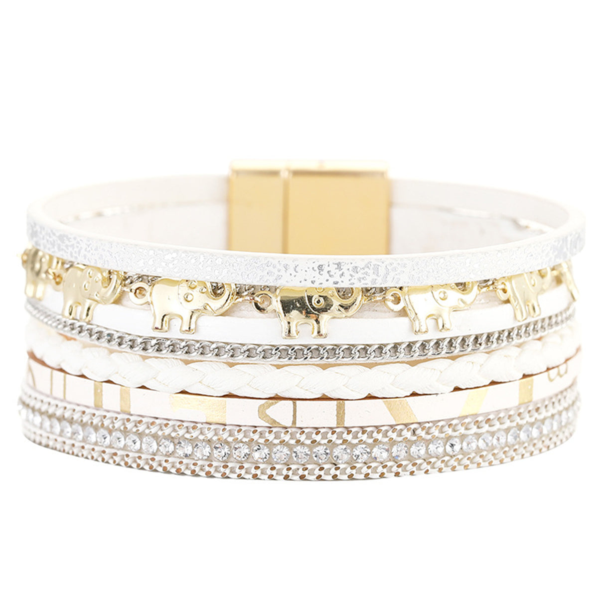 White Polystyrene & Cubic Zirconia Elephant Layered Bracelet