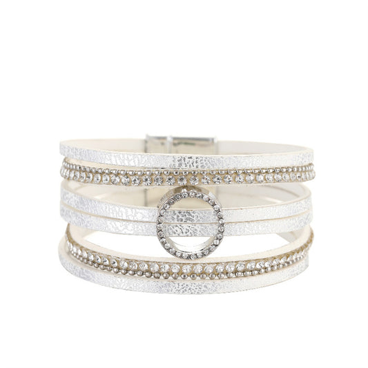 Cubic Zirconia and Polystyrene Silver-Plated Bead-Chain Circle-Charm Bangle, silver bracelet for women, front view