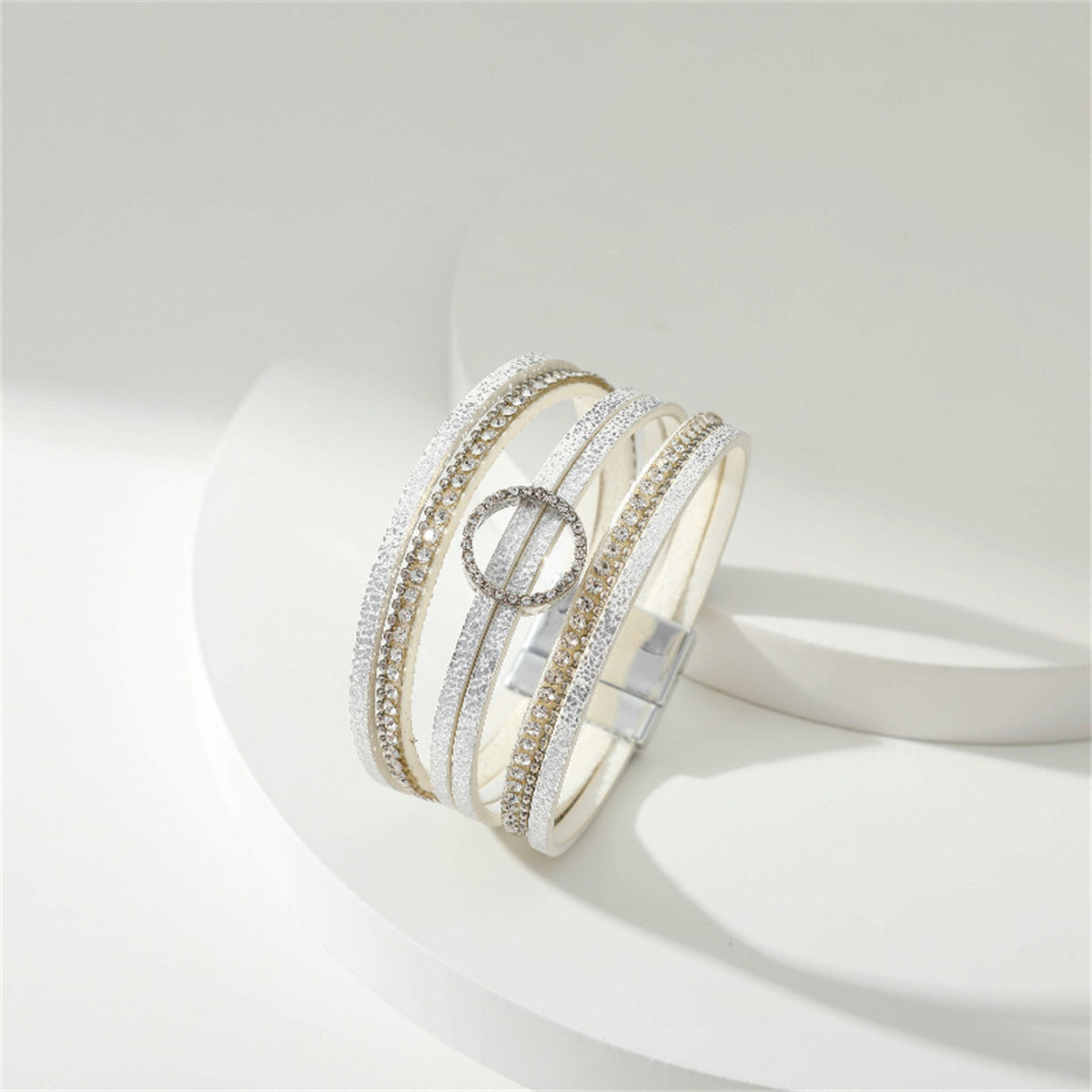 Cubic Zirconia & Polystyrene Silver-Plated Bead-Chain Circle-Charm Bangle