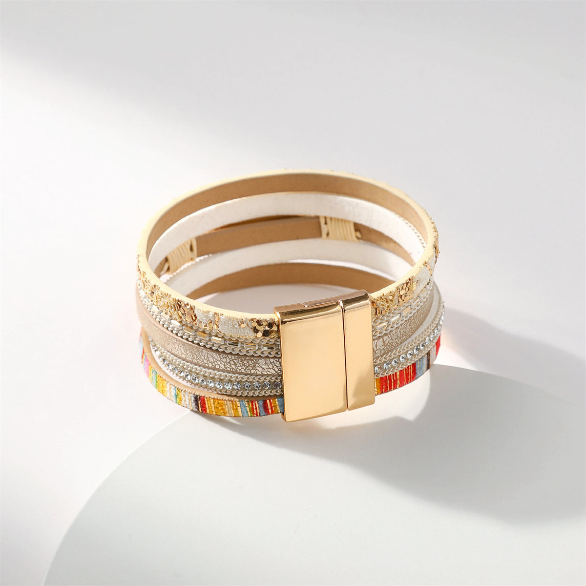 Beige Polystyrene & Cubic Zirconia 18K Gold-Plated Layered Bracelet