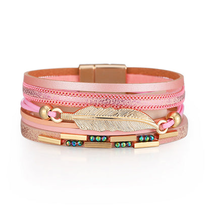 Iridescent Cubic Zirconia and Pink Feather Stacked Bracelet, bracelet for women, everyday style, front view