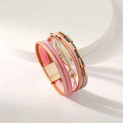 Iridescent Cubic Zirconia and Pink Feather Stacked Bracelet, bracelet for women, everyday style, side view