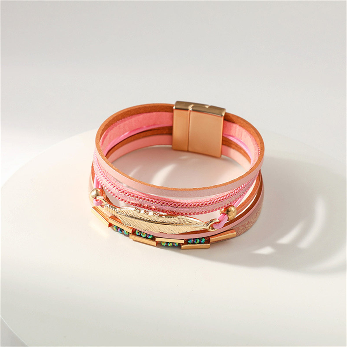Iridescent Cubic Zirconia and Pink Feather Stacked Bracelet, bracelet for women, everyday style, detail close-up