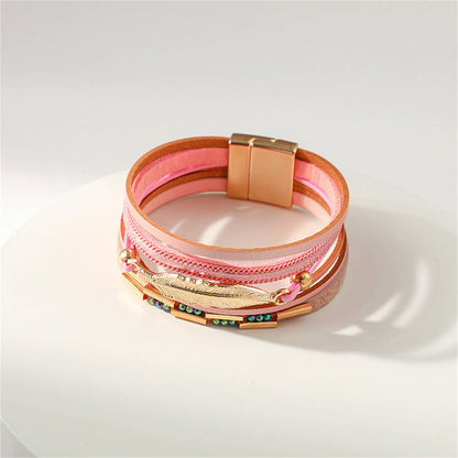 Iridescent Cubic Zirconia and Pink Feather Stacked Bracelet, bracelet for women, everyday style, detail close-up