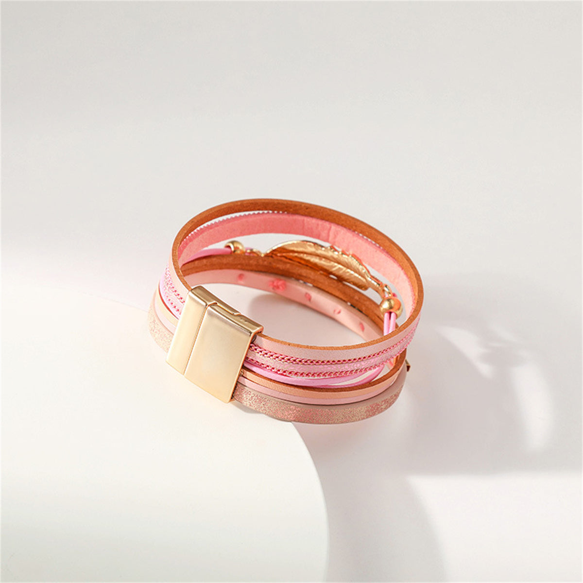 Iridescent Cubic Zirconia and Pink Feather Stacked Bracelet, bracelet for women, everyday style, lifestyle look