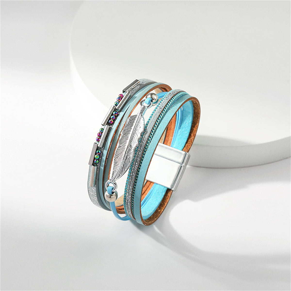 Cubic Zirconia and Blue Polystyrene Silver-Plated Layered Leaf Charm Bracelet, silver bracelet for women, lifestyle look