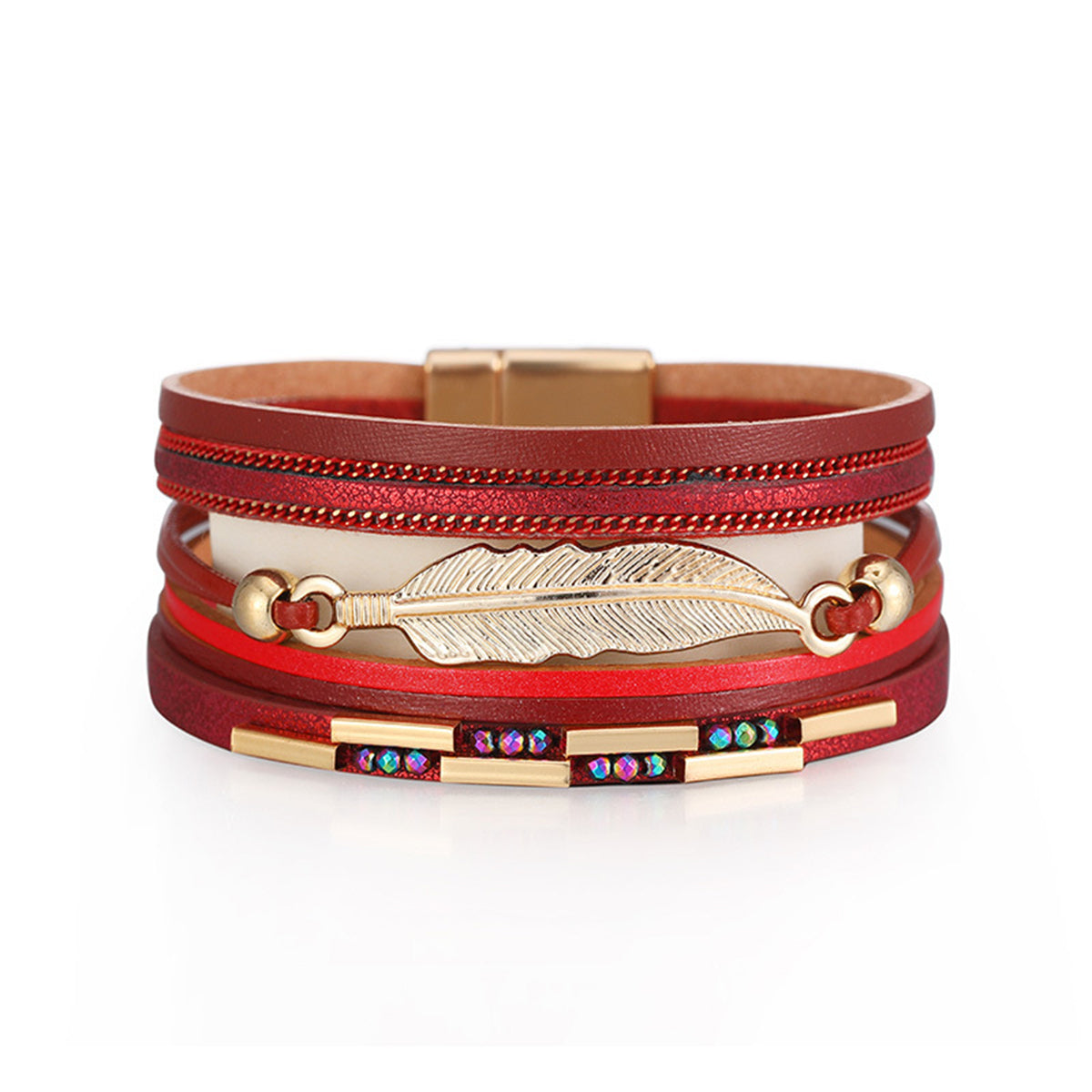 Red Polystyrene and Cubic Zirconia 18K Gold-Plated Feather Stacked Bracelet, gold bracelet for women, front view