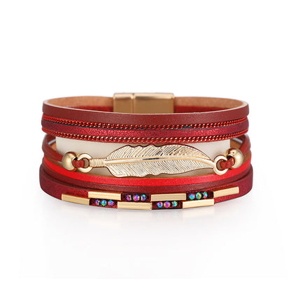 Red Polystyrene and Cubic Zirconia 18K Gold-Plated Feather Stacked Bracelet, gold bracelet for women, front view