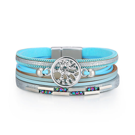Iridescent Cubic Zirconia and Blue Tree Of Life Stacked Bracelet, bracelet for women, everyday style, front view