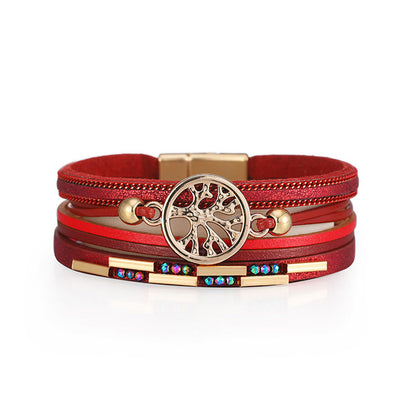 Cubic Zirconia and Red Polystyrene 18K Gold-Plated Tree Charm Layered Bracelet, gold bracelet for women, front view
