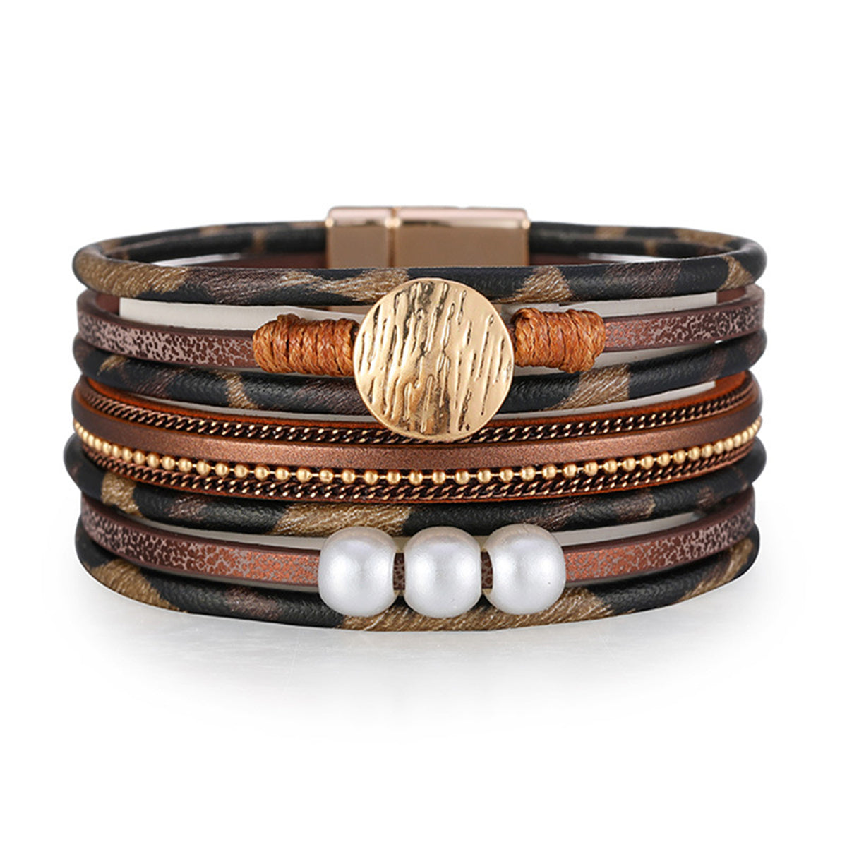 Bronze Polystyrene and Pearl 18K Gold-Plated Stacked Bracelet, gold bracelet for women, dainty minimalist design, front view