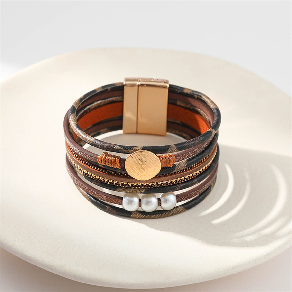 Bronze Polystyrene and Pearl 18K Gold-Plated Stacked Bracelet, gold bracelet for women, detail close-up