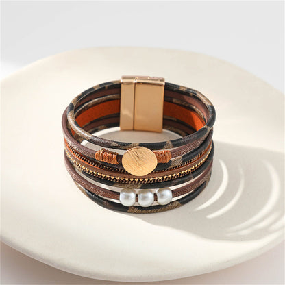 Bronze Polystyrene and Pearl 18K Gold-Plated Stacked Bracelet, gold bracelet for women, detail close-up