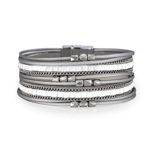Gray Polystyrene and Silver-Plated Layered Beaded Bracelet, silver bracelet for women, dainty minimalist design, front view