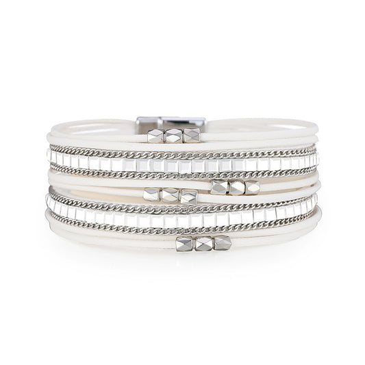 White Polystyrene and Silver-Plated Multi-Strand Bracelet, silver bracelet for women, everyday style, front view