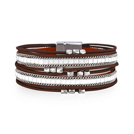 Brown Polystyrene and Silver-Plated Multi-Strand Bracelet, silver bracelet for women, botanical inspired, front view