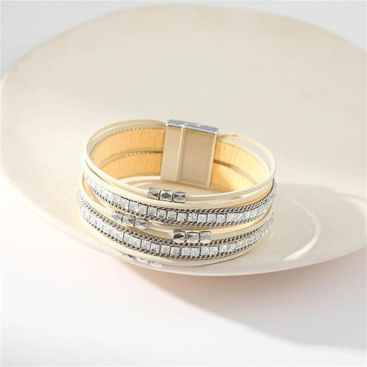 Beige Polystyrene and Silver-Plated Multi-Strand Bracelet, silver bracelet for women, elegant gift for her, front view