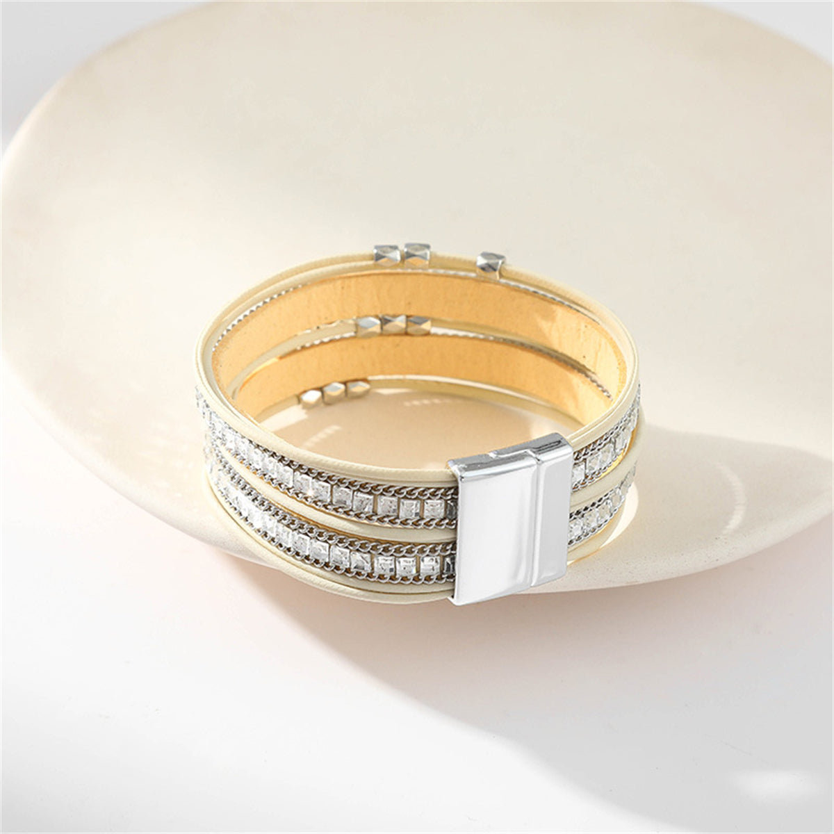 Beige Polystyrene & Silver-Plated Multi-Strand Bracelet