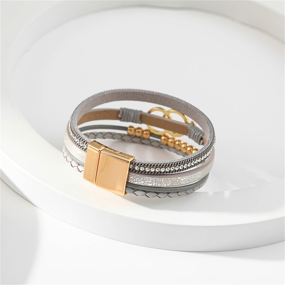 Gray Polystyrene & Cubic Zirconia 18K Gold-Plated Braided Stacked Bracelet