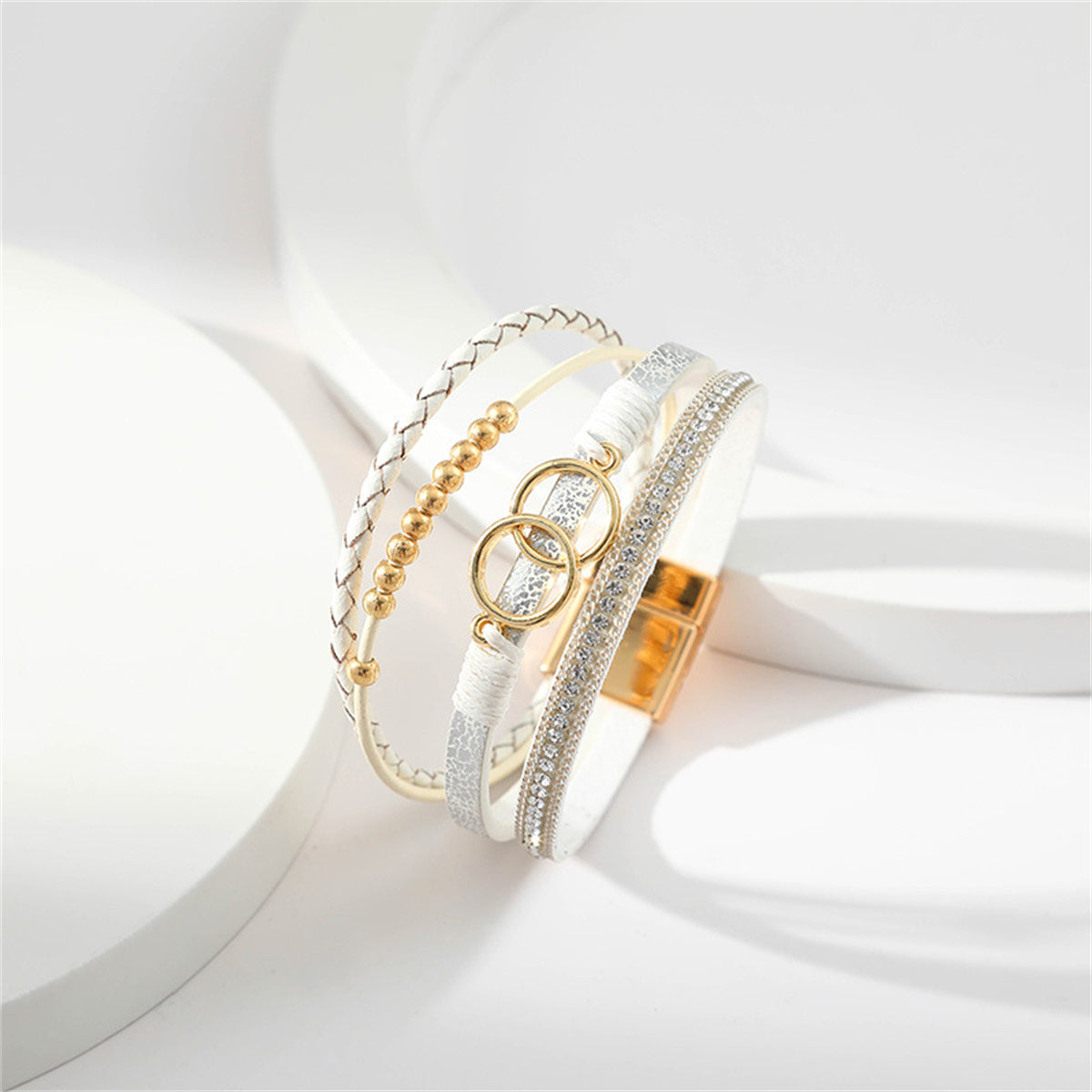 White Polystyrene & Cubic Zirconia 18K Gold-Plated Interlocked Circle Bracelet
