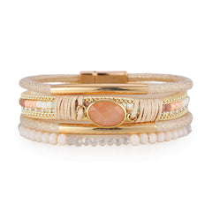 Pink Crystal & Polystyrene 18K Gold-Plated Layered Oval Charm Beaded Bracelet