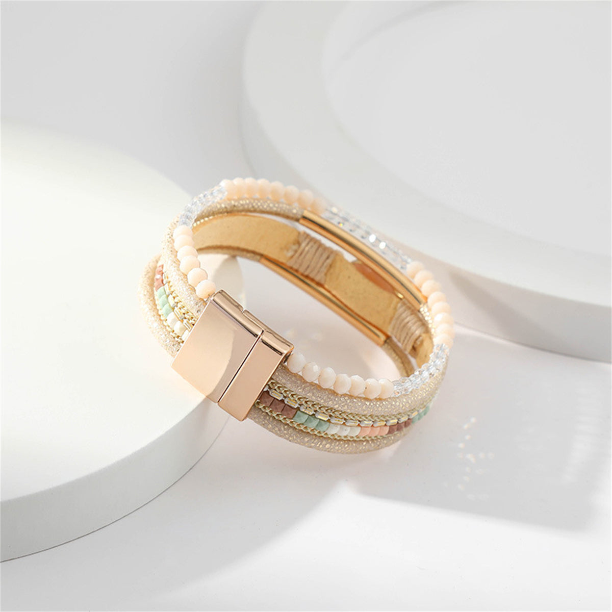 Pink Crystal & Polystyrene 18K Gold-Plated Layered Oval Charm Beaded Bracelet
