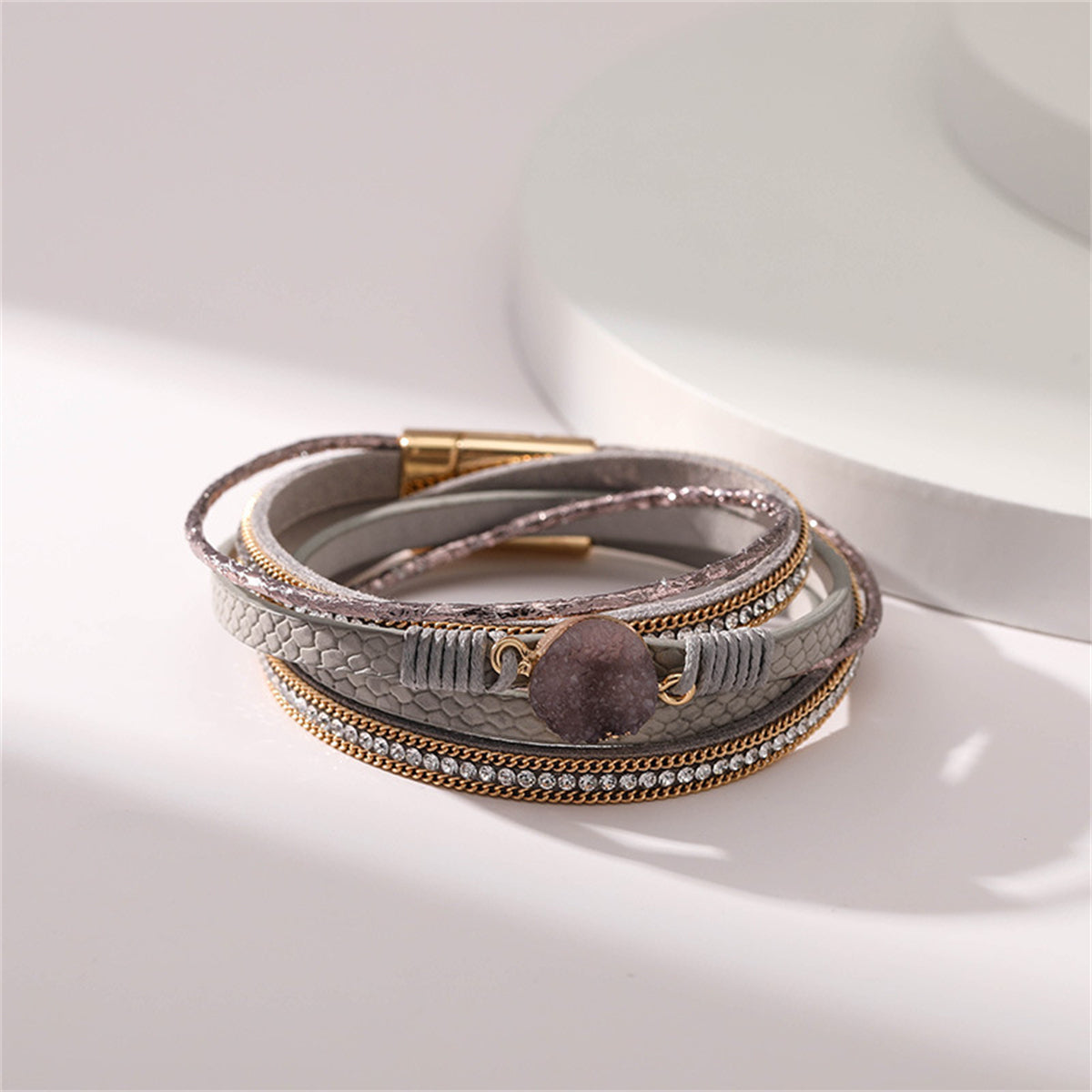 Pink Polystyrene & Cubic Zirconia 18K Gold-Plated Copper Layered Bracelet