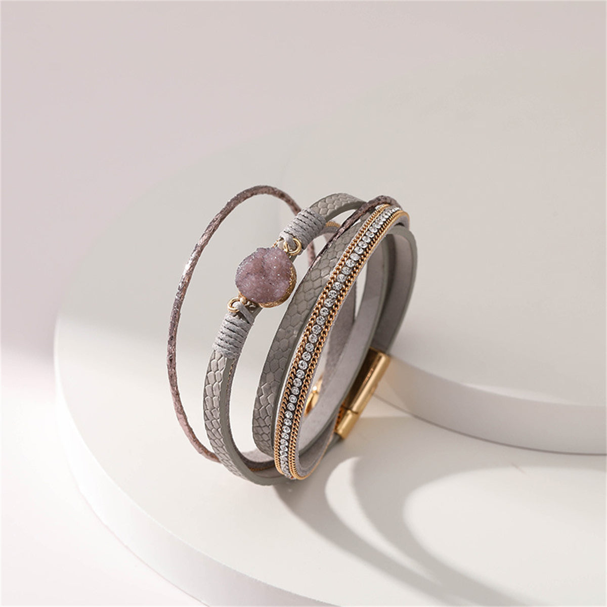 Pink Polystyrene & Cubic Zirconia 18K Gold-Plated Copper Layered Bracelet