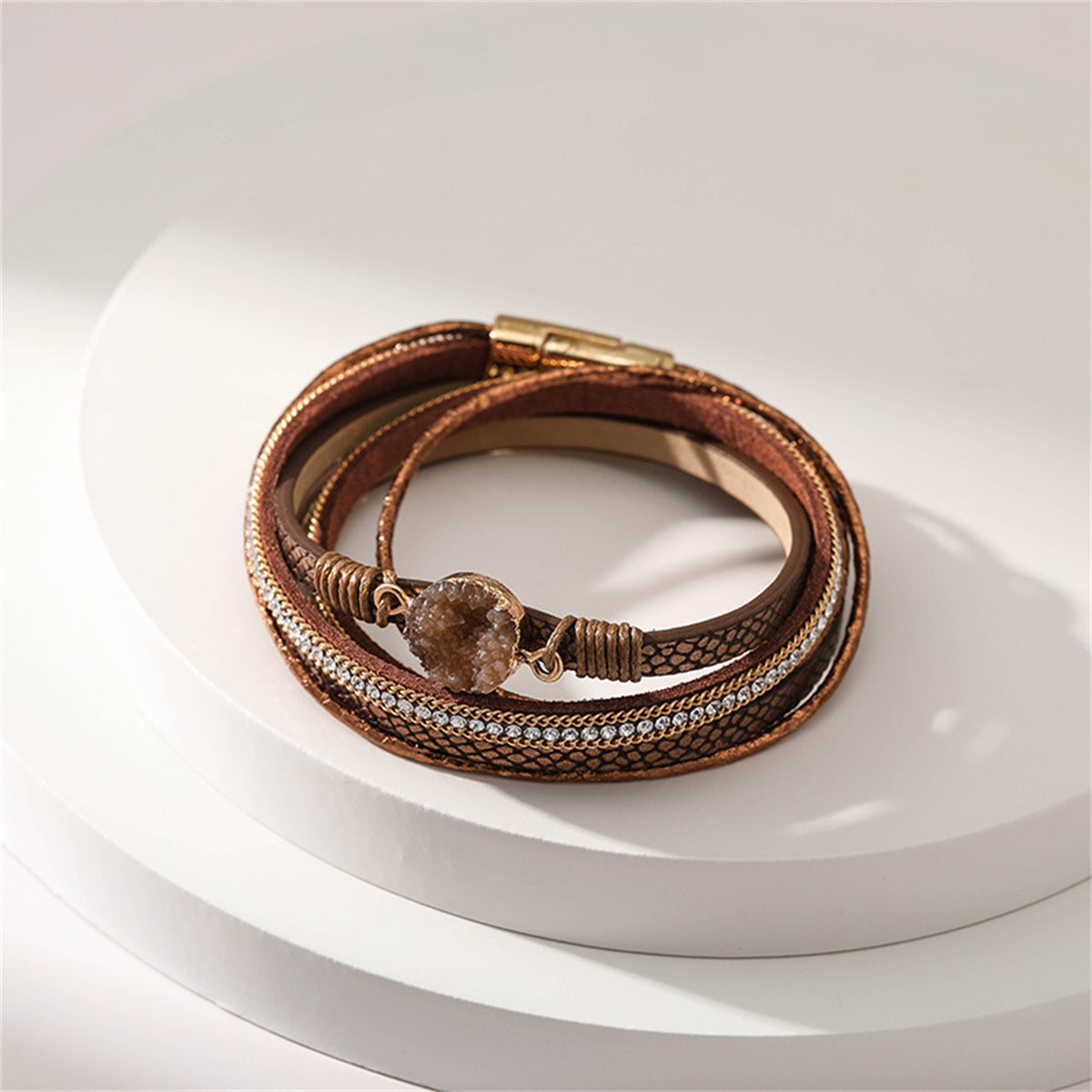 Brown Polystyrene & Cubic Zirconia Cluster Layered Bracelet