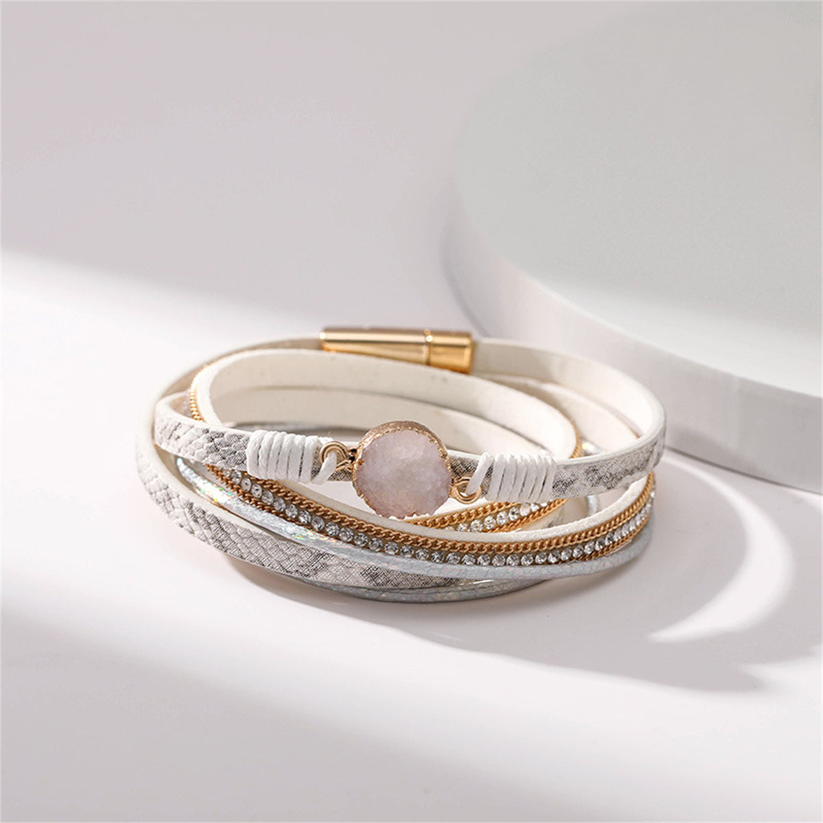 Cubic Zirconia and White Resin Cluster 18K Gold-Plated Layered Bracelet, gold bracelet for women, side view