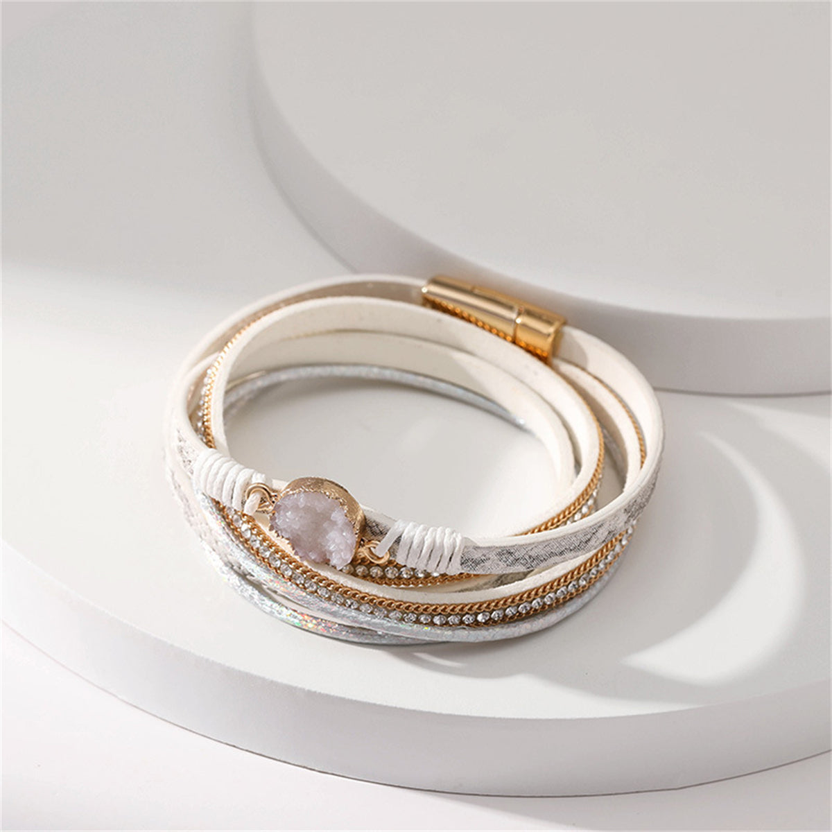 Cubic Zirconia and White Resin Cluster 18K Gold-Plated Layered Bracelet, gold bracelet for women, detail close-up