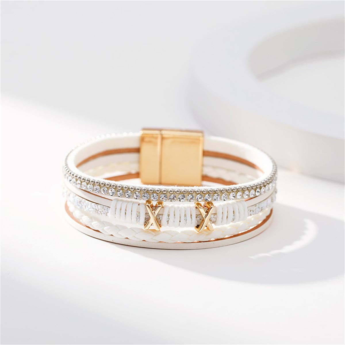 White Polystyrene and Cubic Zirconia Multi-Strand Bracelet, bracelet for women, vintage-inspired design, detail close-up