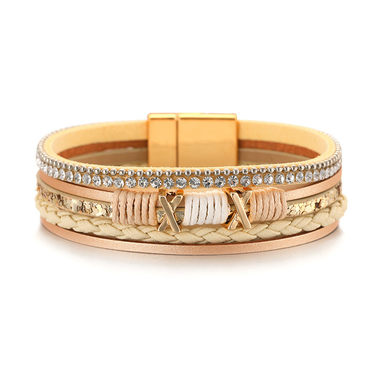 Beige and Cubic Zirconia Multistrand Cuff, bracelet for women, vintage-inspired design, detail close-up
