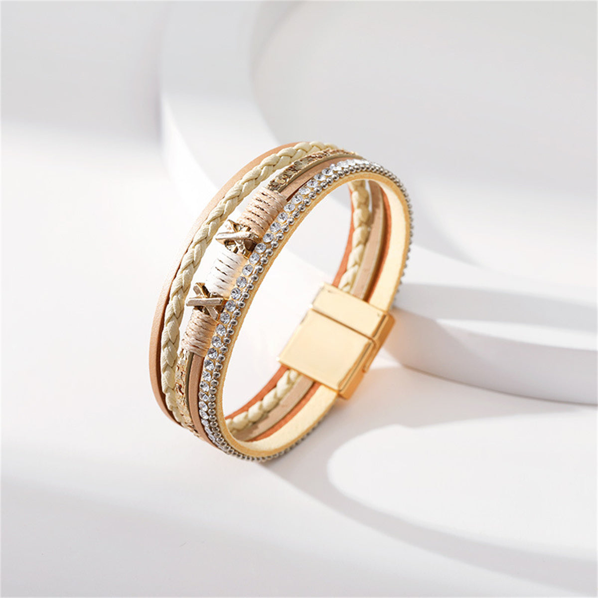 Beige and Cubic Zirconia Multistrand Cuff, bracelet for women, vintage-inspired design, lifestyle look