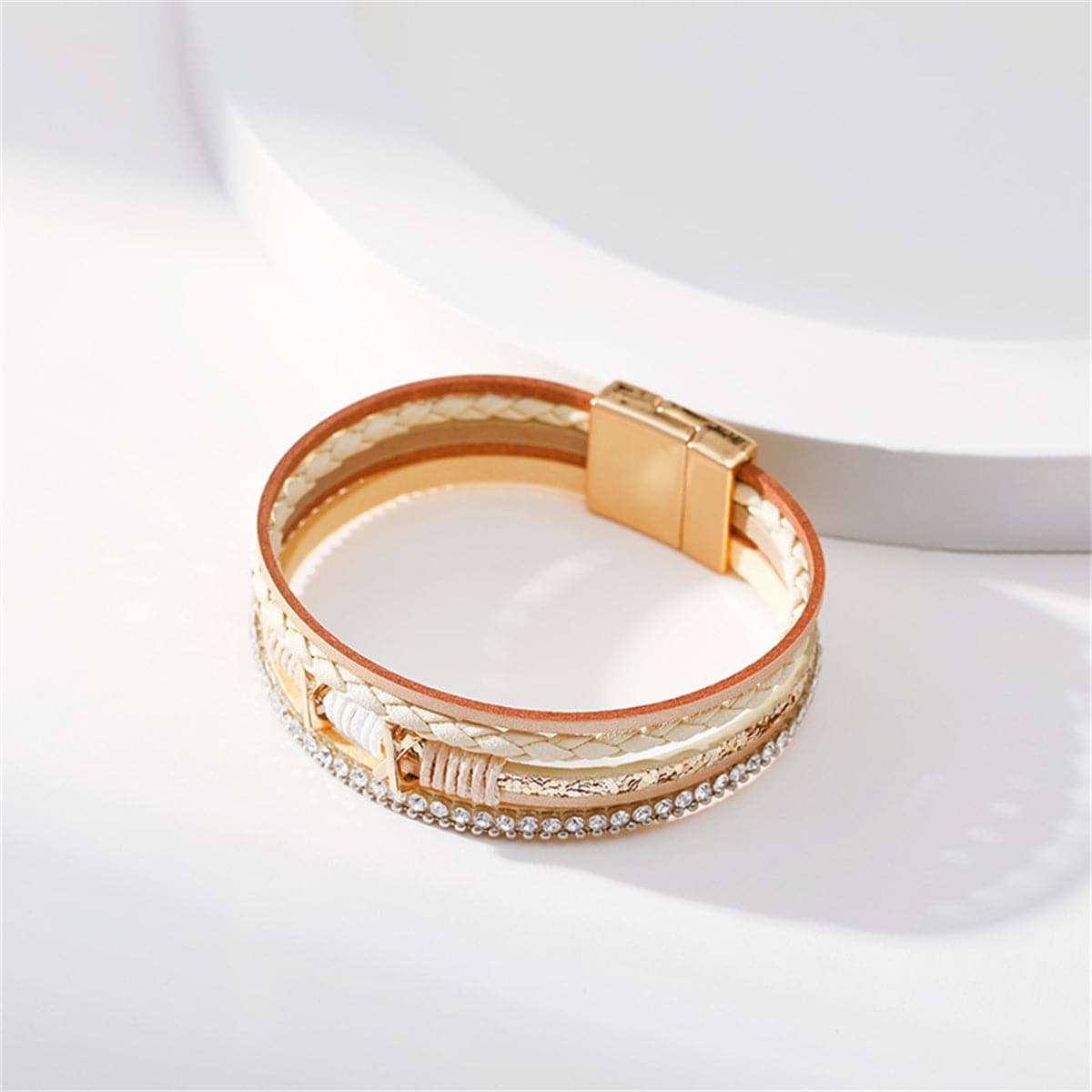 Beige and Cubic Zirconia Multistrand Cuff, bracelet for women, vintage-inspired design, side view