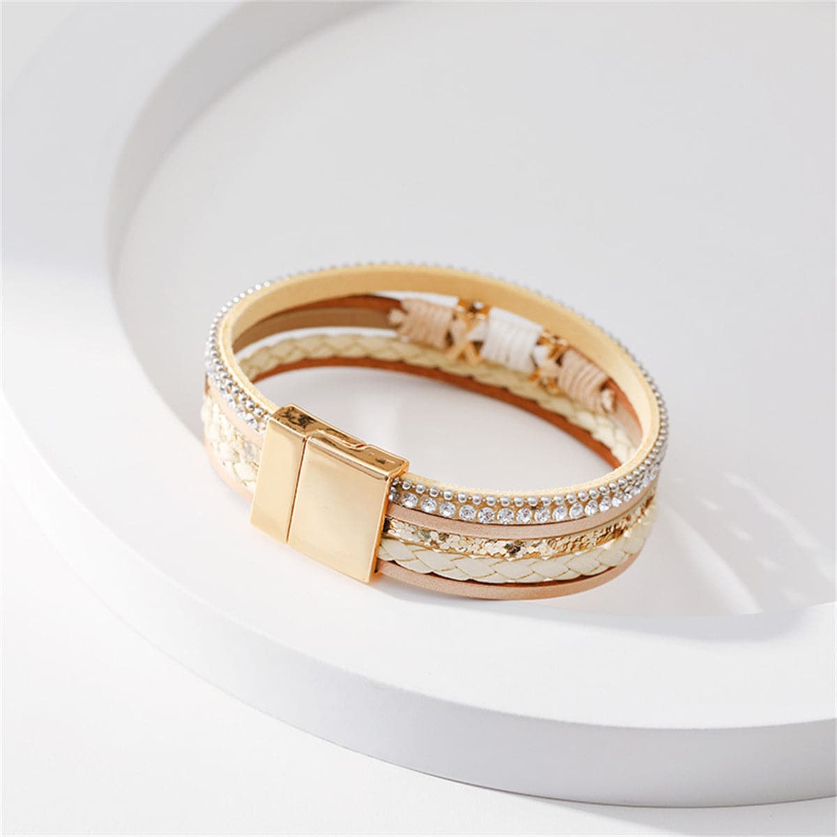 Beige and Cubic Zirconia Multistrand Cuff, bracelet for women, vintage-inspired design, front view