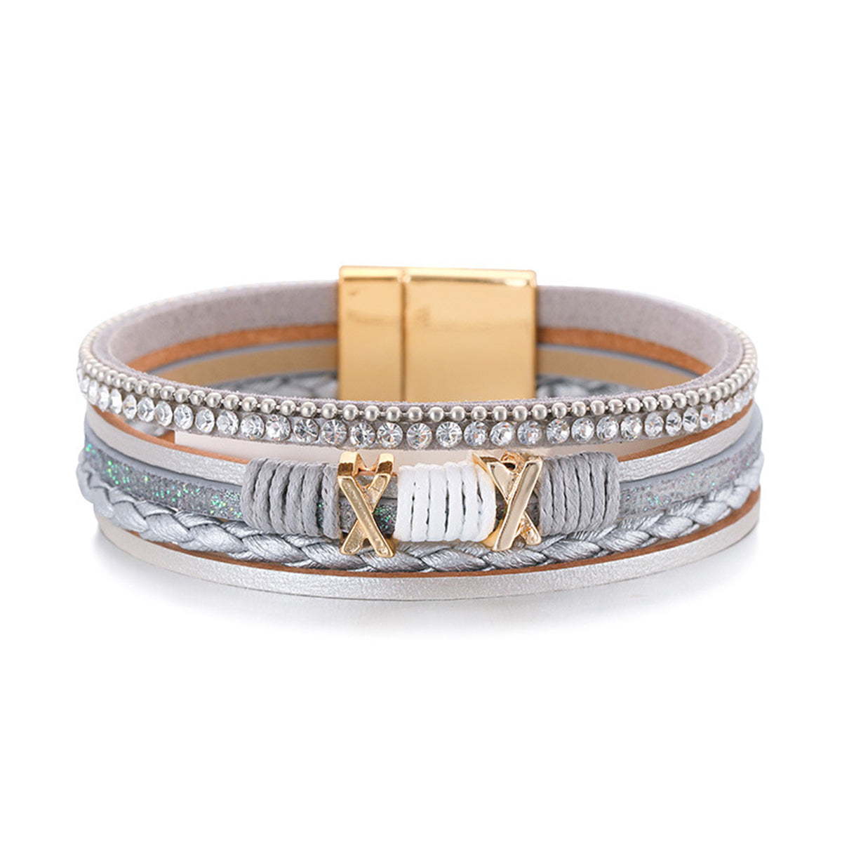 Gray Polystyrene and Cubic Zirconia 18K Gold-Plated Multistrand Bracelet, gold bracelet for women, front view