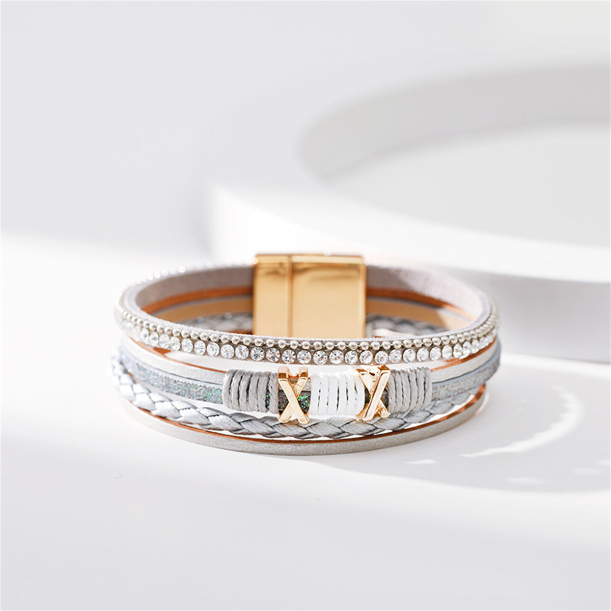 Gray Polystyrene and Cubic Zirconia 18K Gold-Plated Multistrand Bracelet, gold bracelet for women, detail close-up