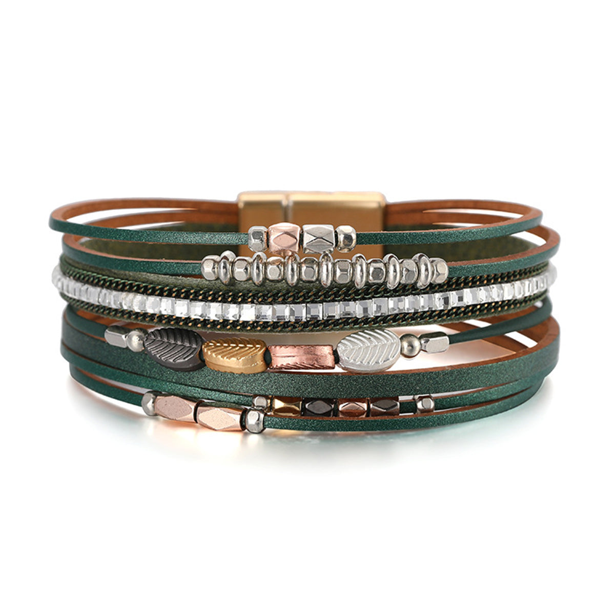 Brown Polystyrene and 18K Gold-Plated Cubic Zirconia-Accent Leaves Layered Bracelet, gold bracelet for women, front view