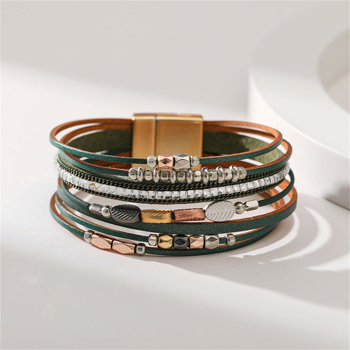 Brown Polystyrene and 18K Gold-Plated Cubic Zirconia-Accent Leaves Layered Bracelet, gold bracelet for women, side view