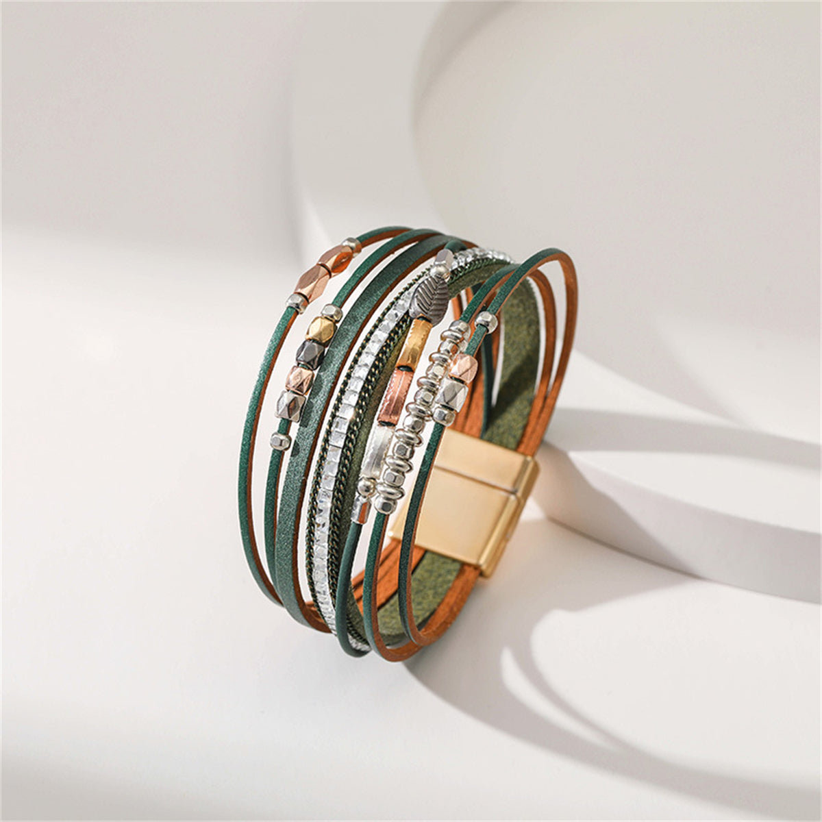 Brown Polystyrene and 18K Gold-Plated Cubic Zirconia-Accent Leaves Layered Bracelet, gold bracelet for women, detail close-up