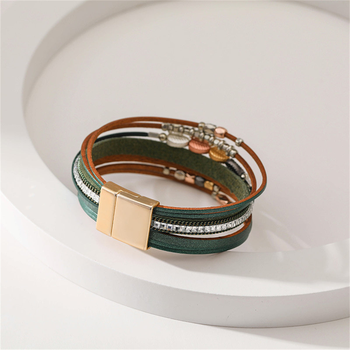 Brown Polystyrene and 18K Gold-Plated Cubic Zirconia-Accent Leaves Layered Bracelet, gold bracelet for women, styled look