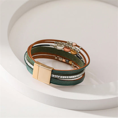 Brown Polystyrene and 18K Gold-Plated Cubic Zirconia-Accent Leaves Layered Bracelet, gold bracelet for women, styled look