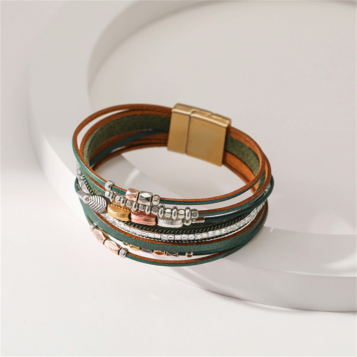 Brown Polystyrene and 18K Gold-Plated Cubic Zirconia-Accent Leaves Layered Bracelet, gold bracelet for women, lifestyle look